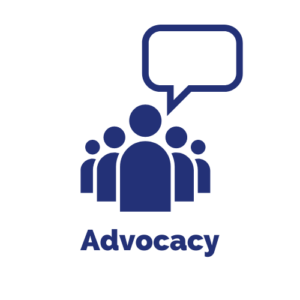 Graphic of a group of people using their voices. Text reads: Advocacy.