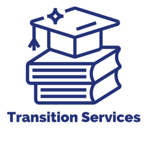 Text reads: Transition Services. Graphic of two books stacked together with a graduation hat on top.
