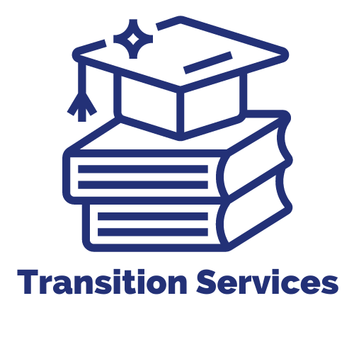 Graphic of a stack of books with a graduation cap on top. Text reads: Transition Services. 