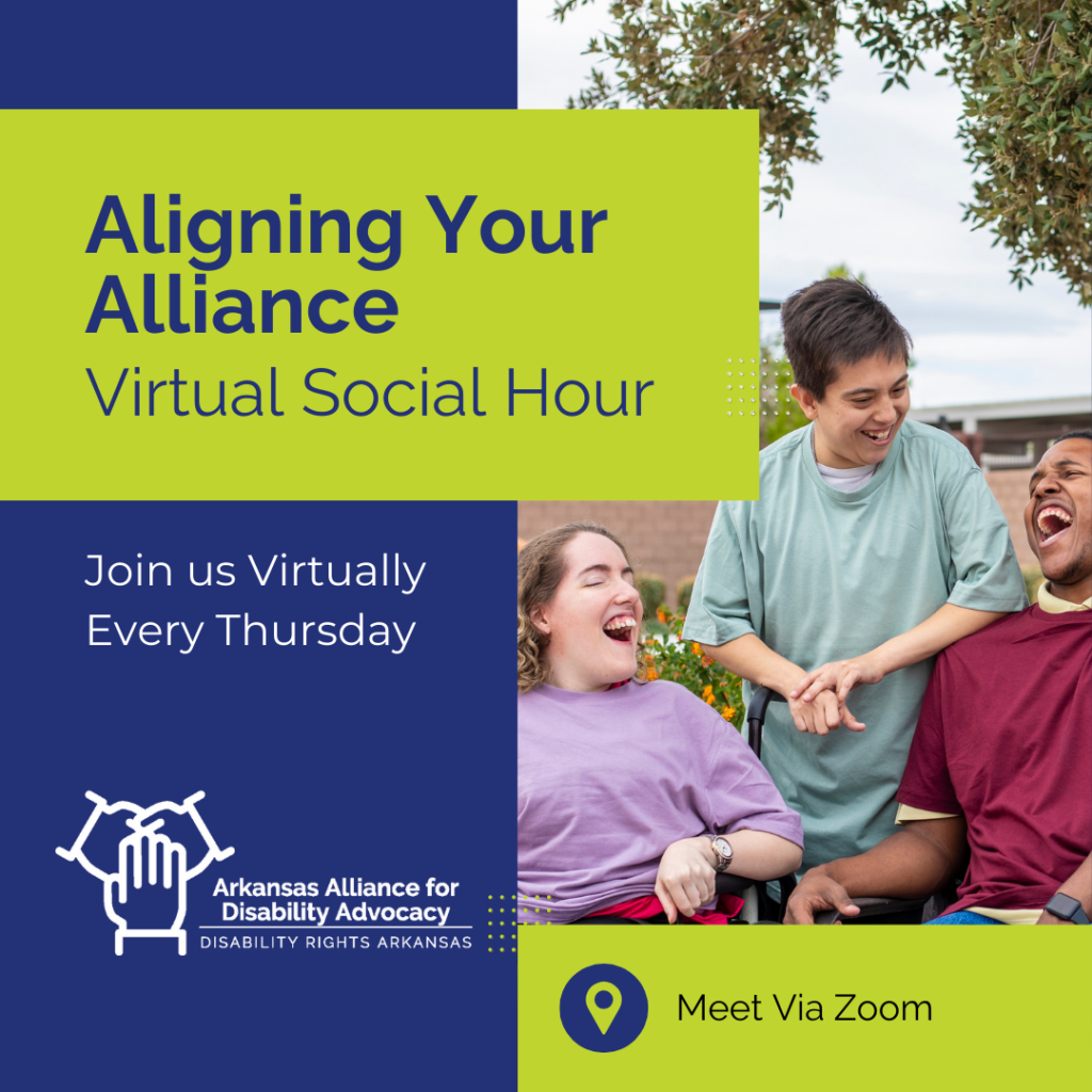 Image of three individuals sitting and laughing together. Text reads: Aligning Your Alliance. Virtual Social Hour. Join us virtually every Thursday. Meet Via Zoom.